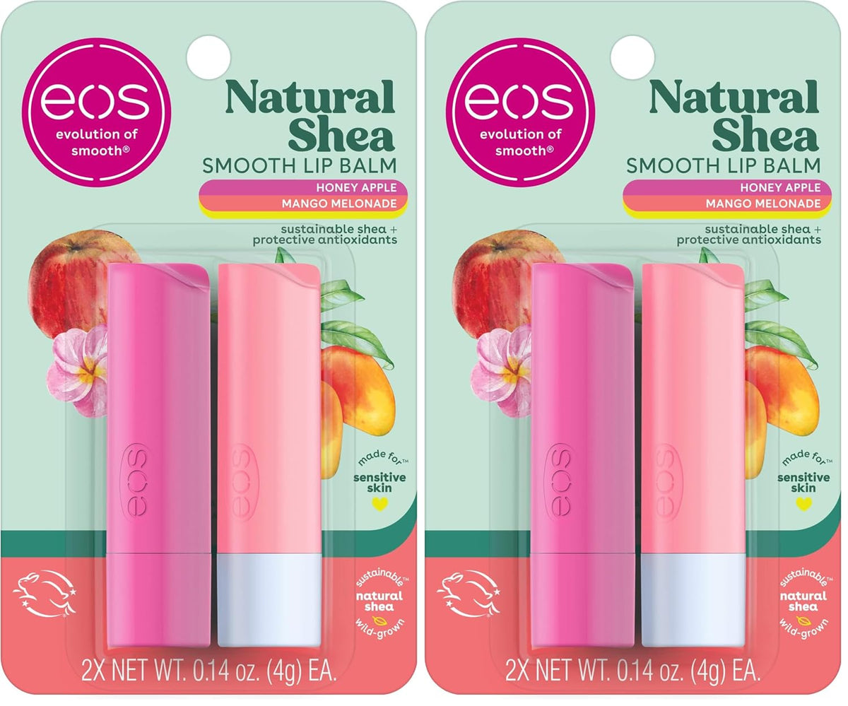 Two identical packages of EOS Natural Shea Smooth Lip Balm in Mango Melonade flavor, showing the pink and light pink lip balm tubes on a mint green and coral card backing.