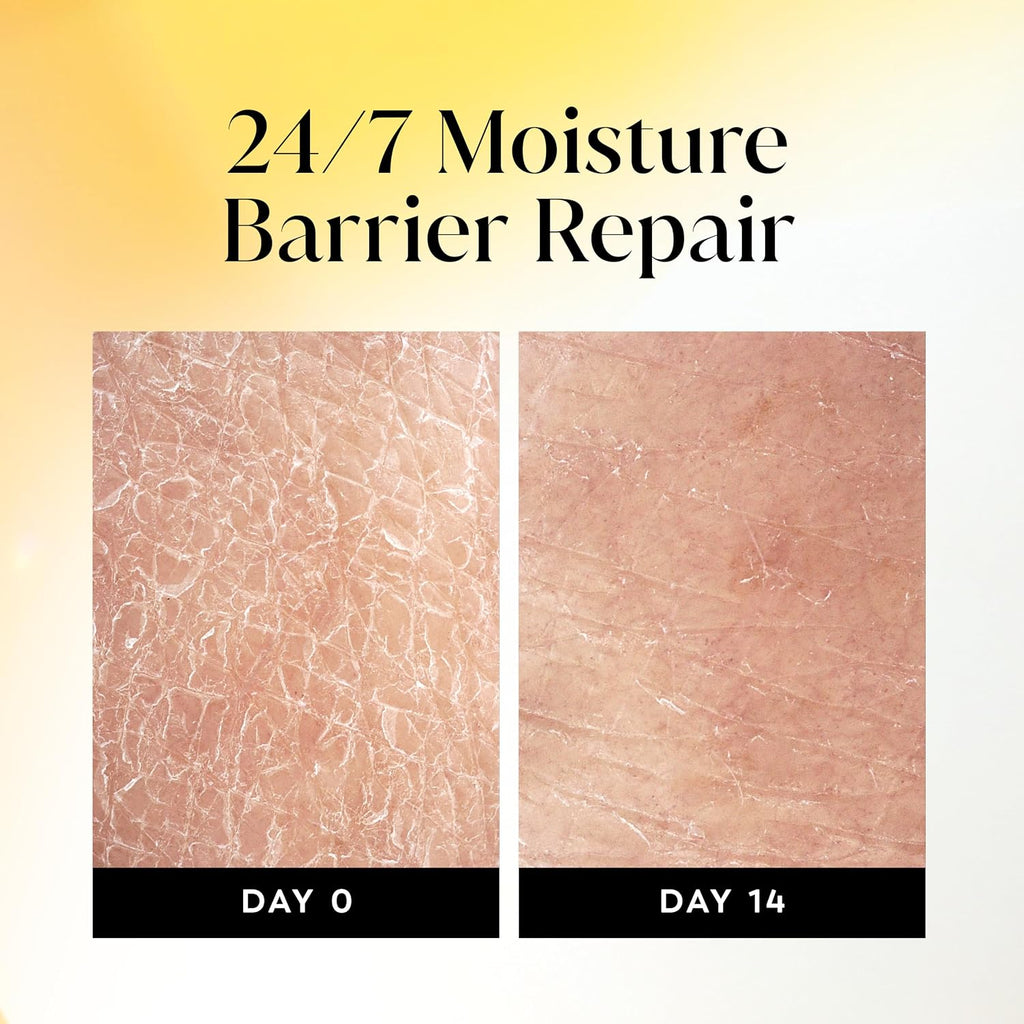 Before and after comparison of skin texture with '24/7 Moisture Barrier Repair' text.