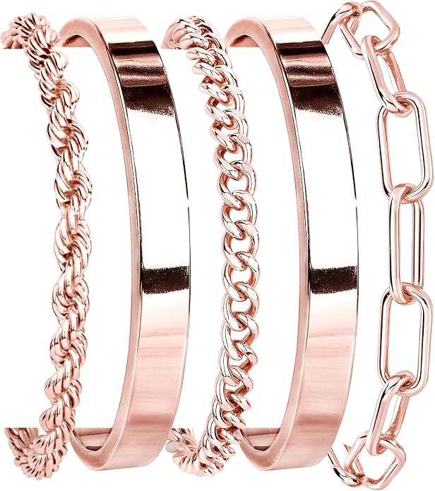 Three rose gold bangles with different designs on a white background