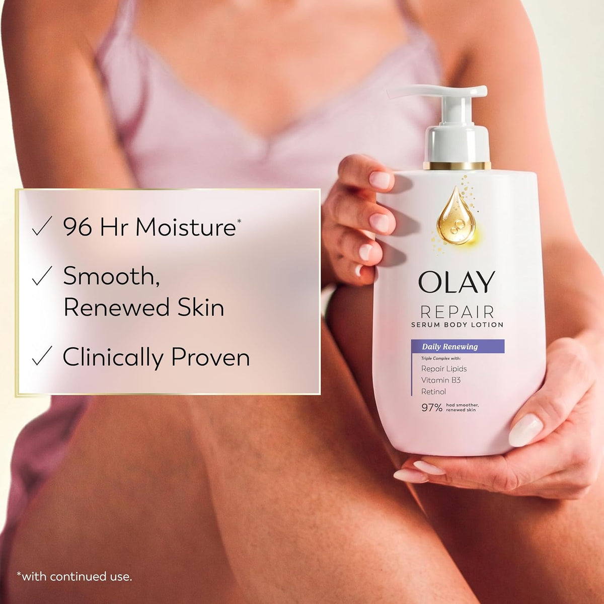 A woman in a light pink lingerie top holds an Olay Repair Serum Body Lotion bottle. A text overlay on the left lists product benefits: '96 Hr Moisture', 'Visibly Tight, Smooth Skin', and 'Clinically Proven'.