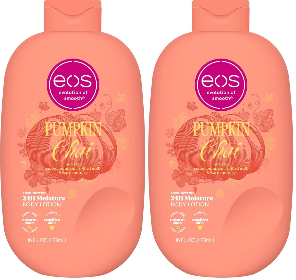 Two bottles of EOS Evolution of Smooth Pumpkin Chai body lotion side by side on a white background.