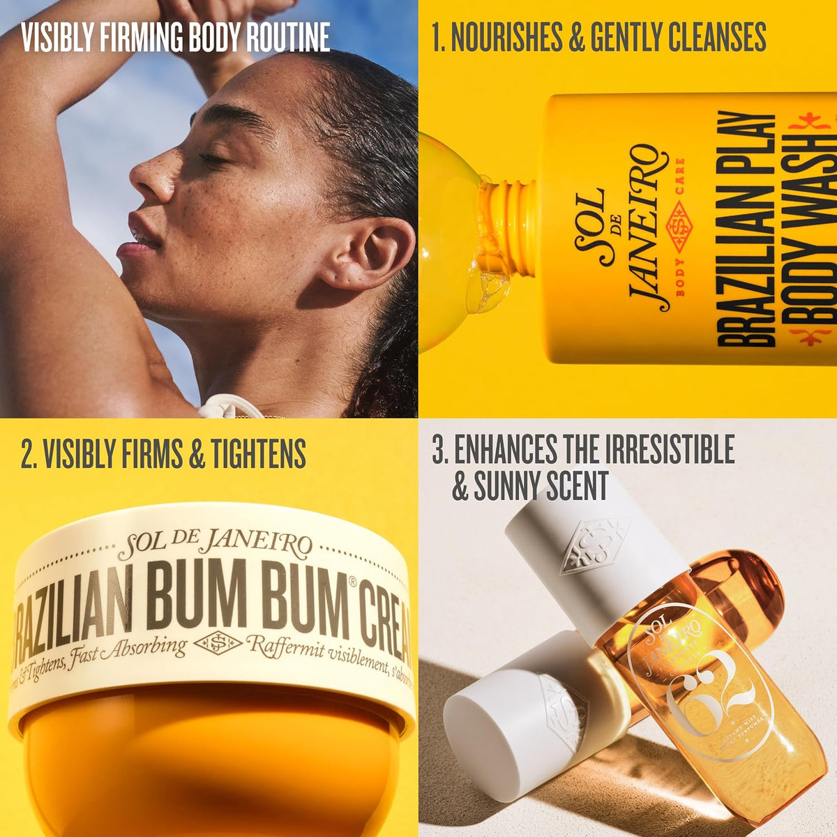 SOL DE JANEIRO Brazilian Bum Bum Cream and Body Wash with product features on a yellow background