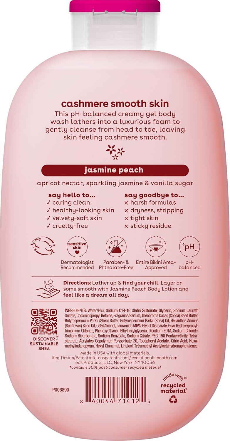 The back of a pink bottle of Boy Design Jasmine Peach cashmere smooth skin body wash, showing detailed product information, ingredients, directions, and a barcode.
