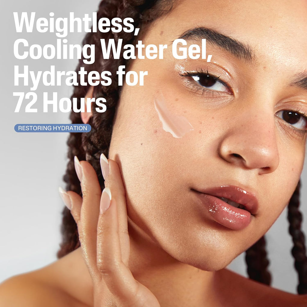 Woman applying a weightless cooling water gel to her face with text highlighting its hydrating benefits.