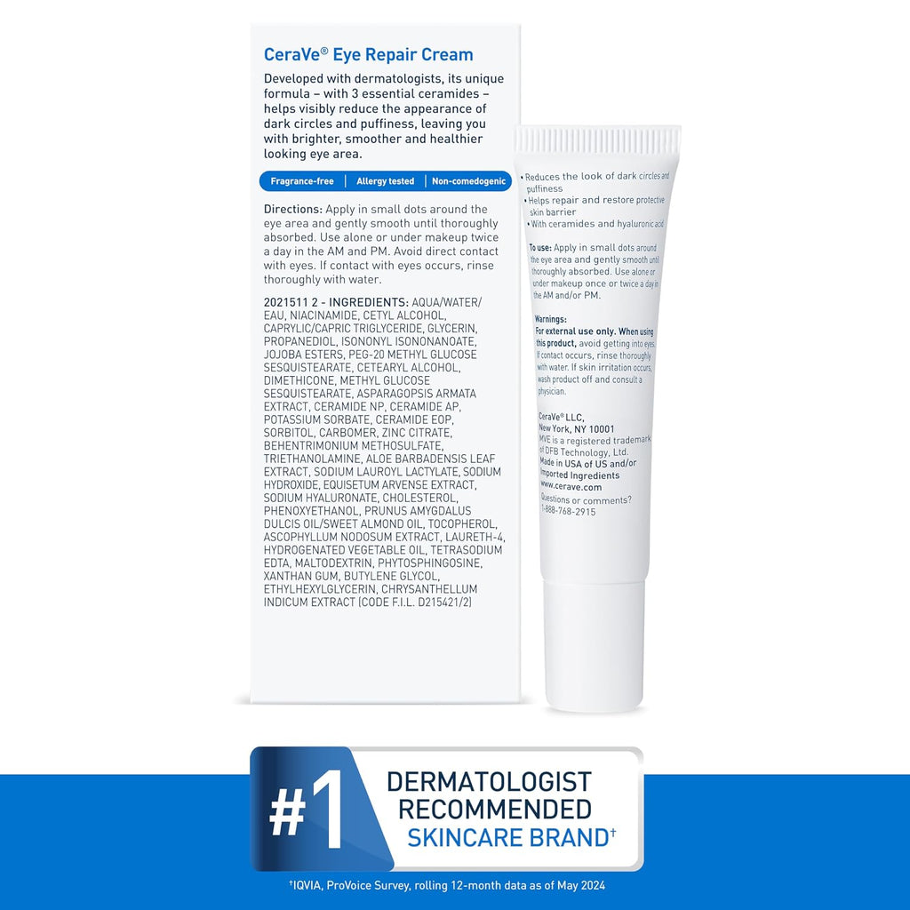 CeraVe Eye Repair Cream packaging with label and dermatologist recommended badge on a white background