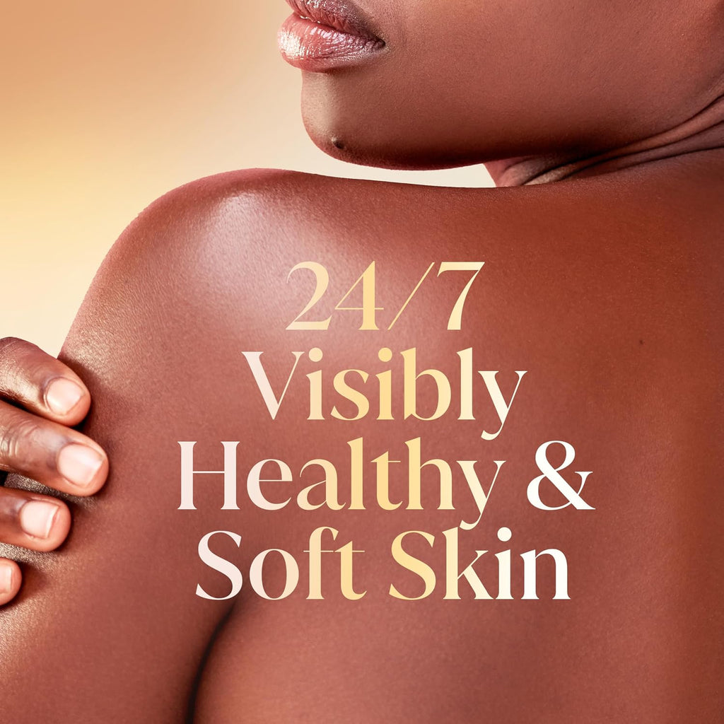 Person with smooth skin and text '24/7 Visibly Healthy & Soft Skin' on a beige background