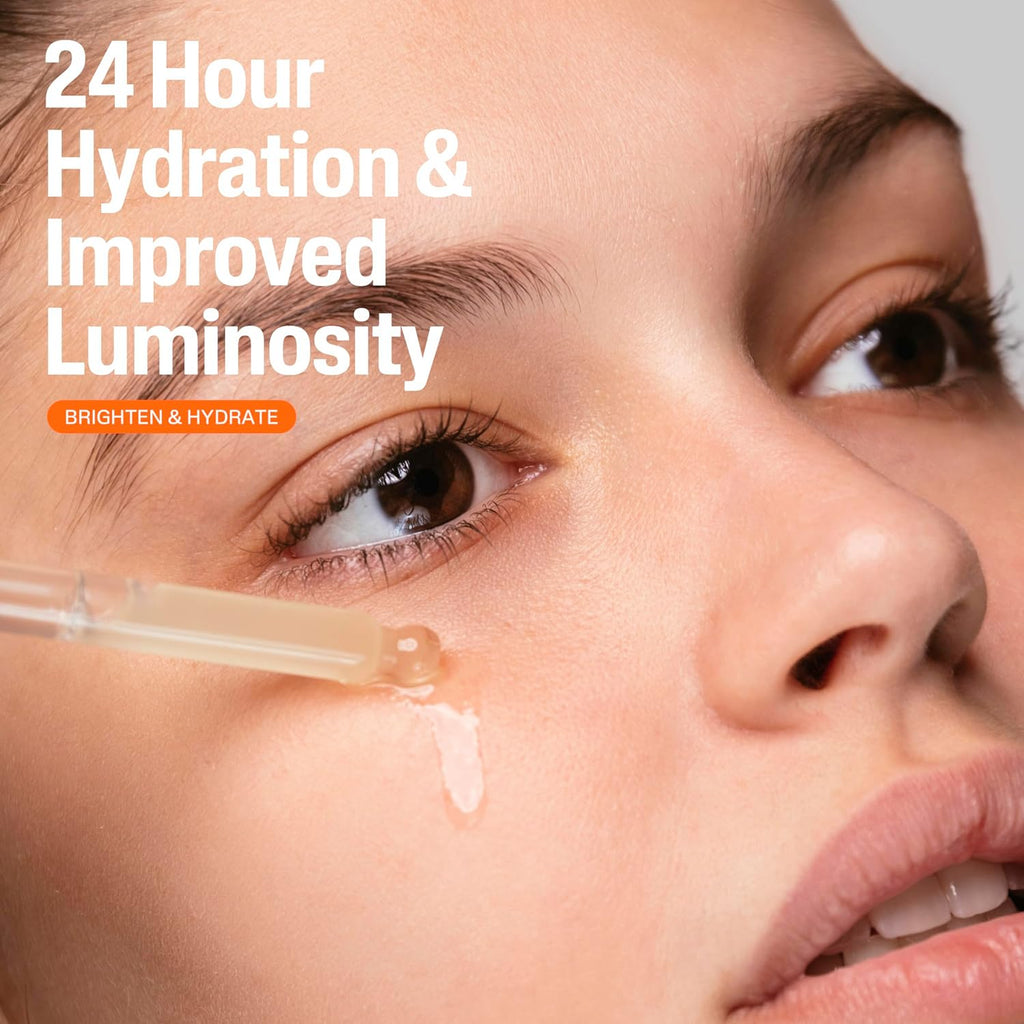 Close-up of a woman's face with a skincare product being applied, text indicating 24-hour hydration and improved luminosity.