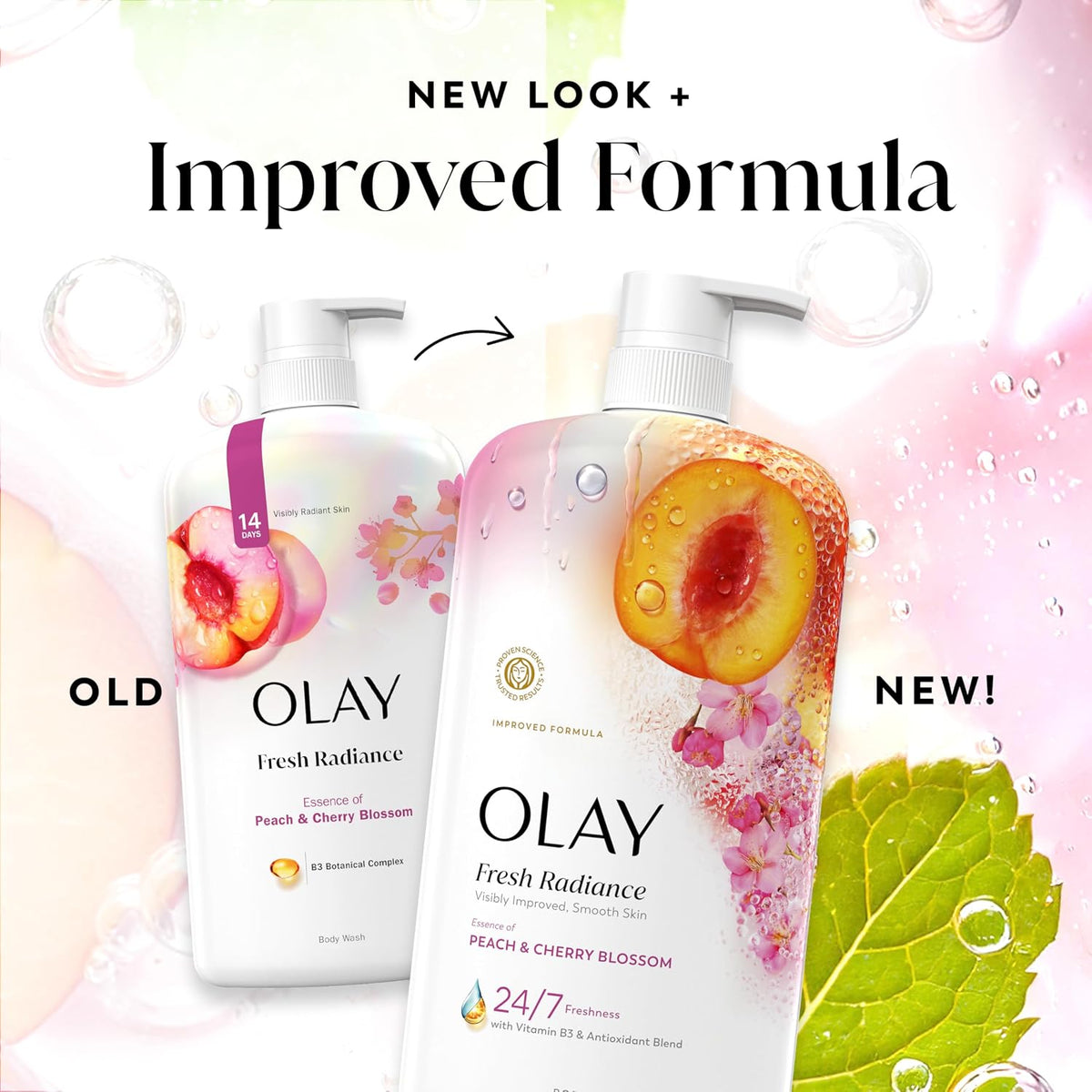 OLAY Fresh Radiance products with 'New Look' and 'Improved Formula' text on a colorful background.