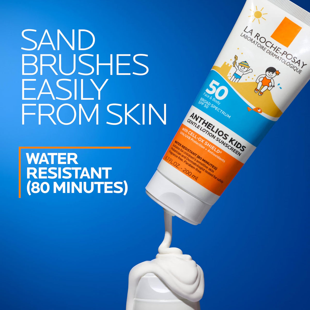 La Roche-Posay sunscreen tube with application on blue background