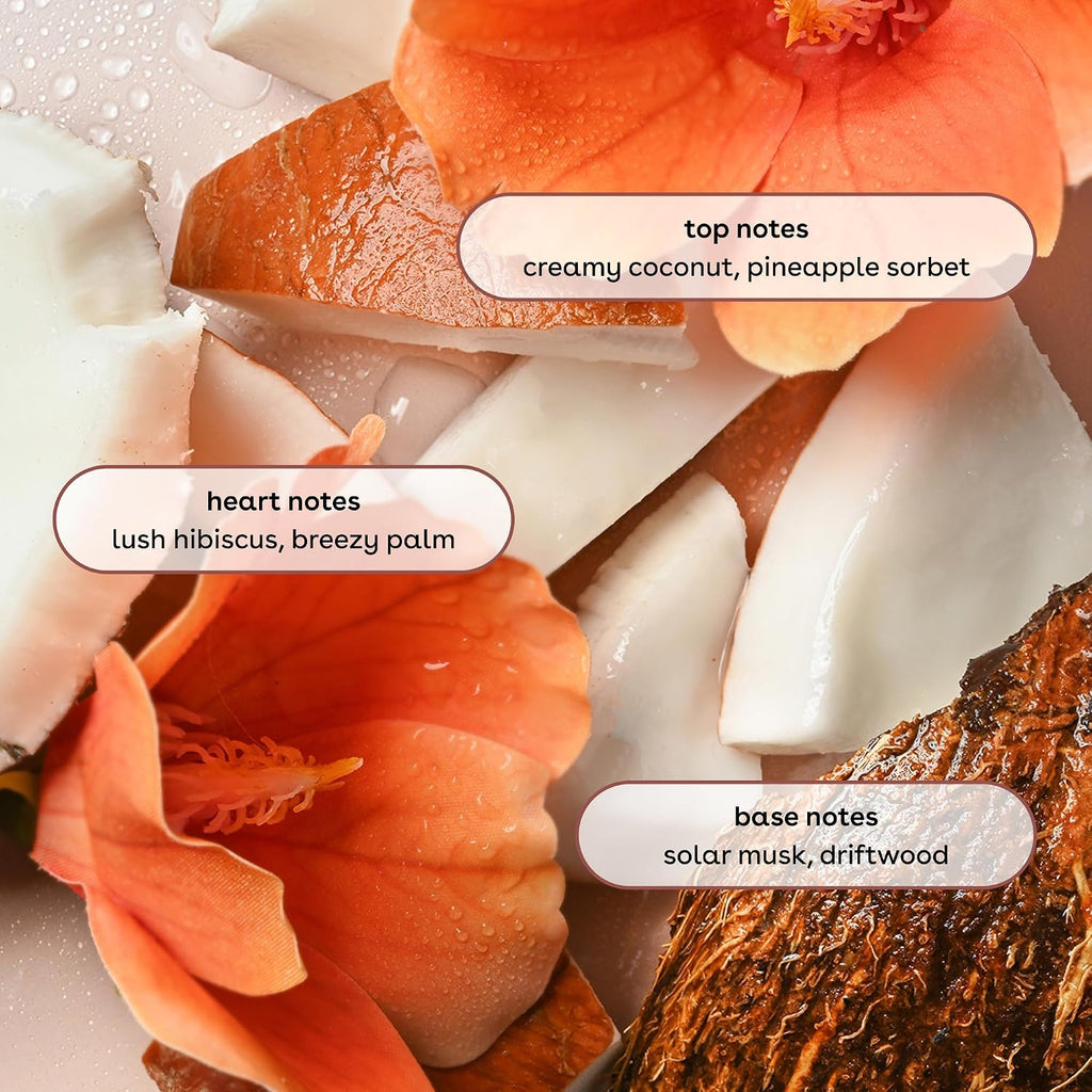 Close-up of tropical fruits and flowers with labeled top, heart, and base notes.