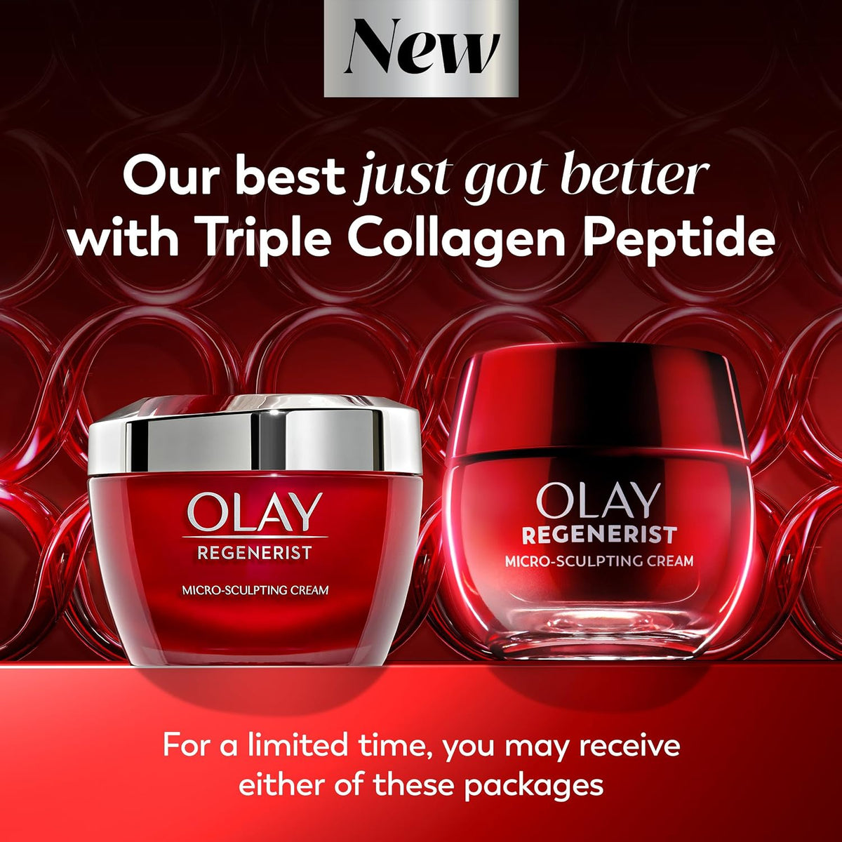 Olay Regenerist micro-sculpting cream with red and silver packaging on a red background.