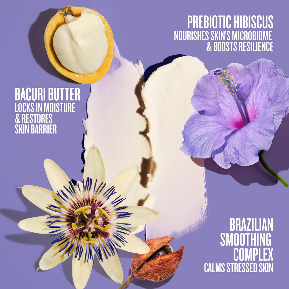 Cosmetic product with hibiscus flower, bacuri butter, and Brazilian smoothing complex on a purple background.
