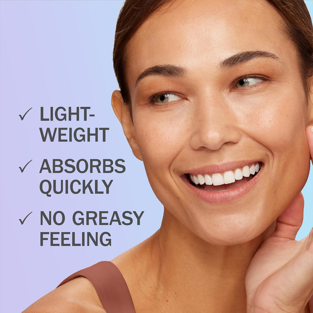 Close-up of a smiling woman with clean skin and a light purple background, with text listing product benefits: 'LIGHT-WEIGHT', 'ABSORBS QUICKLY', and 'NO GREASY FEELING'.