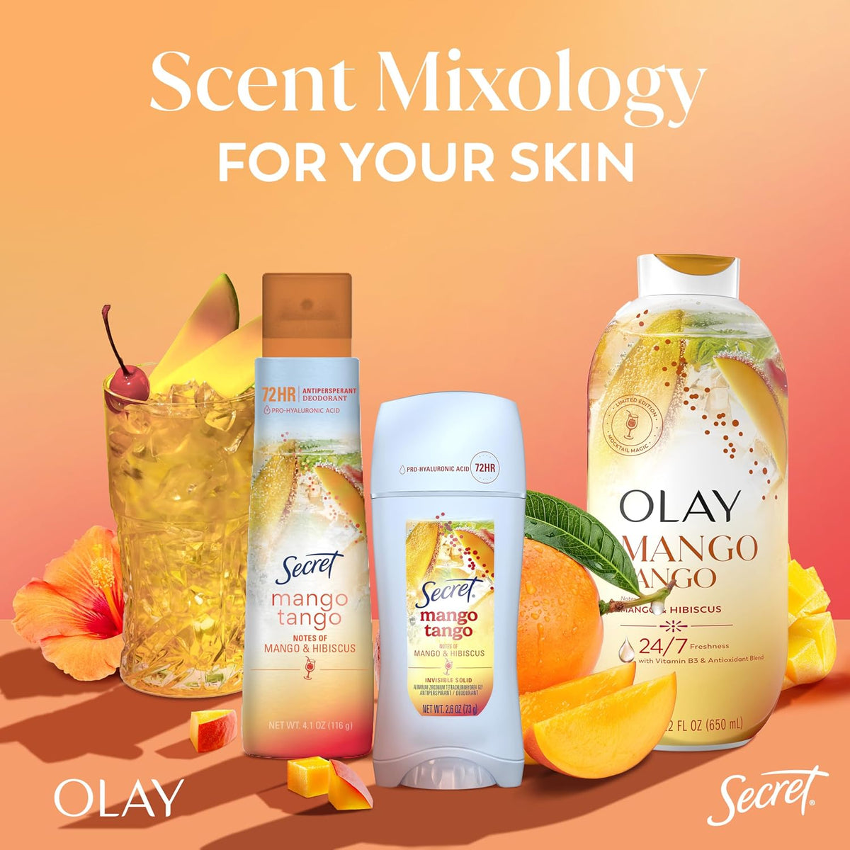 Olay and Secret skincare products with mango-themed packaging on a warm gradient background.