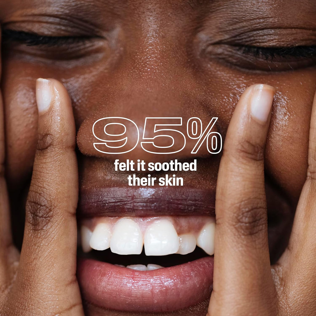 Close-up of a person's face with hands on either side, featuring text about skin soothing.