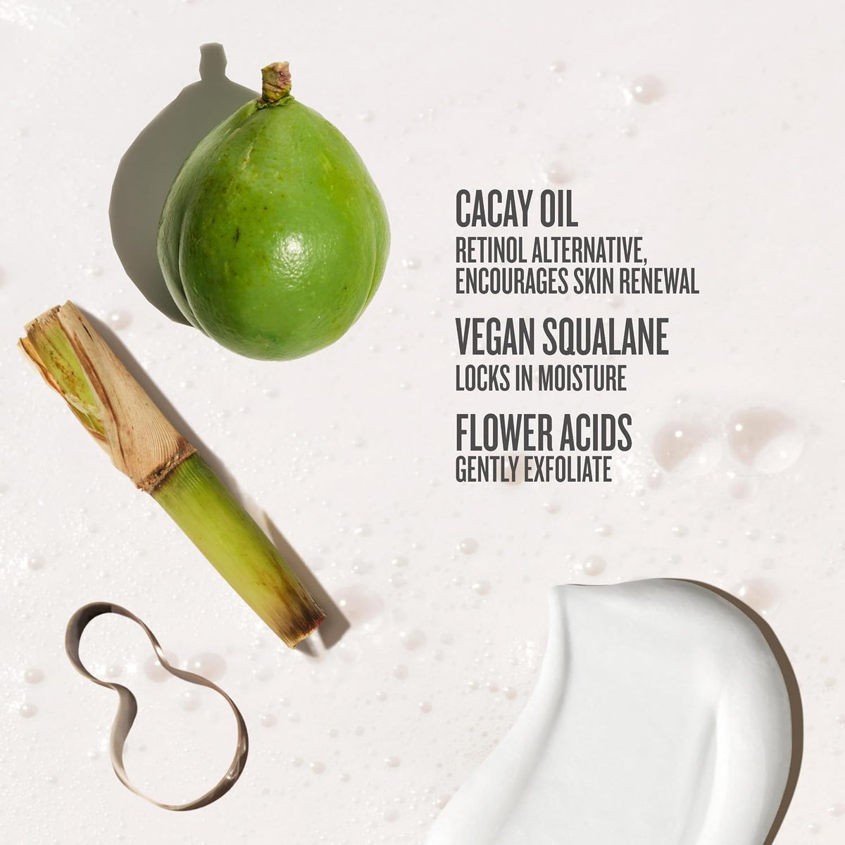 Green fruit with a peel and a white container on a light background with text about skincare ingredients.
