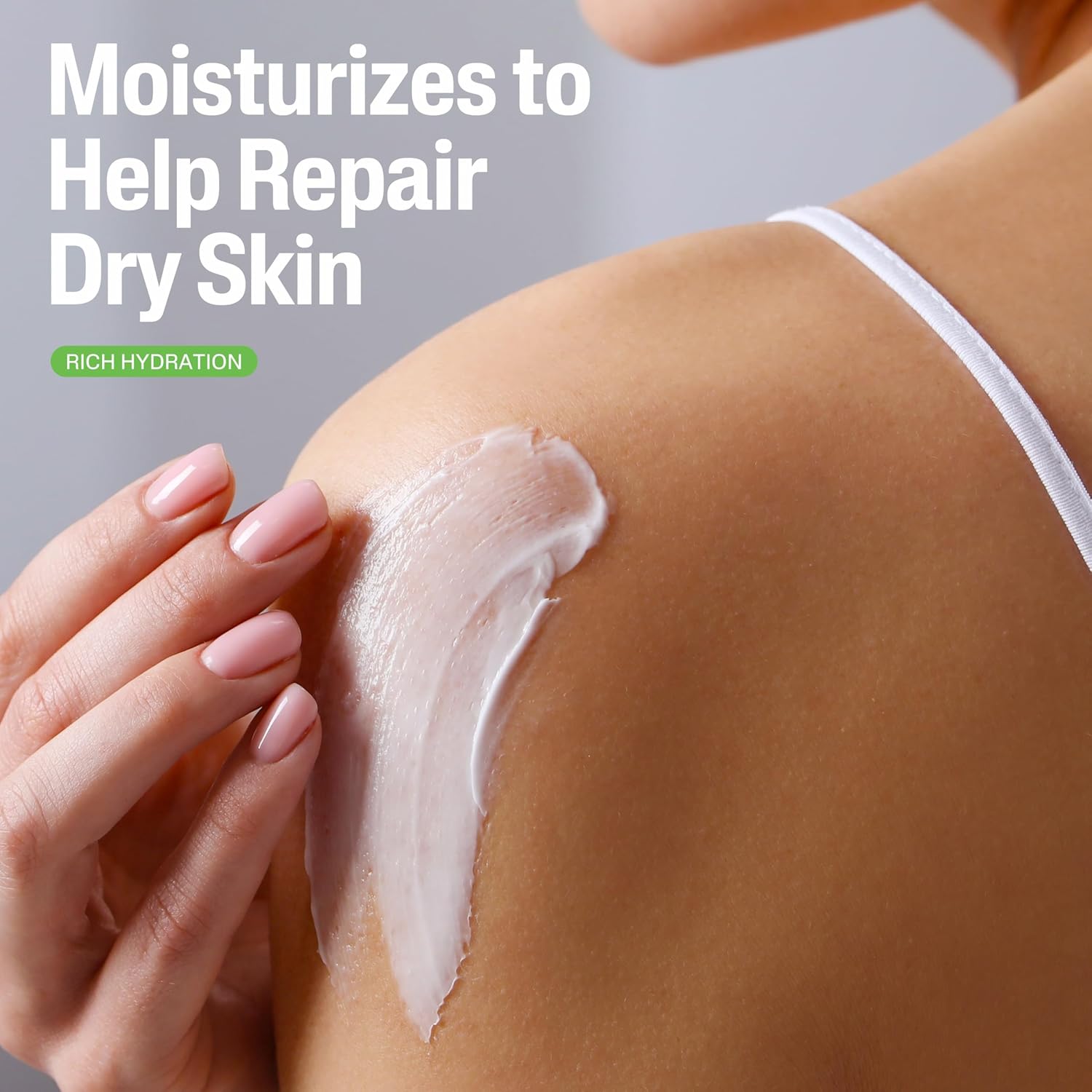 Person applying moisturizer to shoulder with text 'Moisturizes to Help Repair Dry Skin' and 'Rich Hydration'.