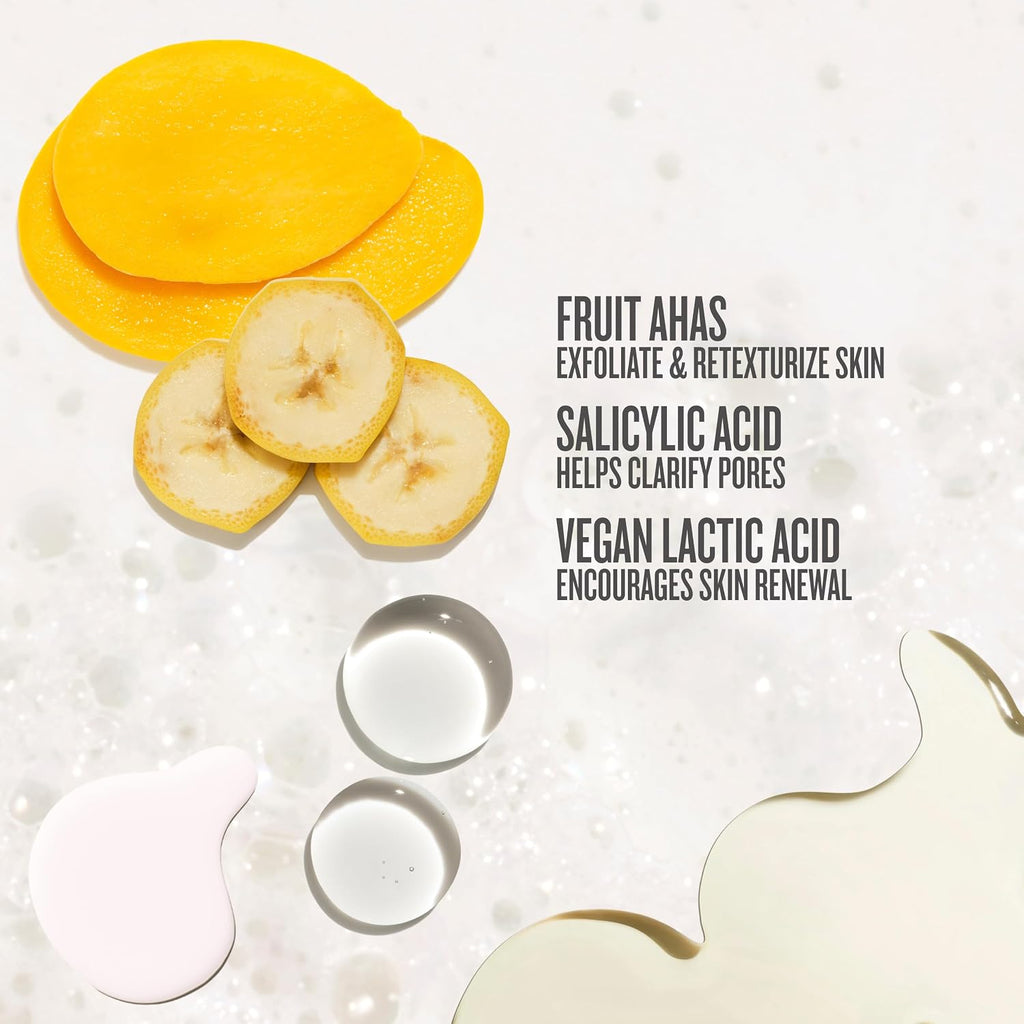 Skincare product with fruit slices and text about skin benefits on a textured background