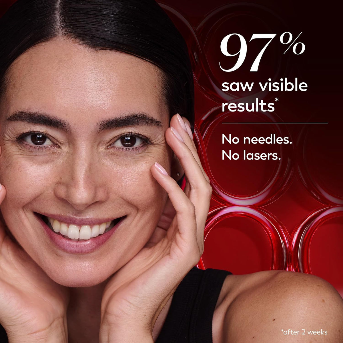 Woman with smooth skin holding her face, with text about visible results from a skincare product.