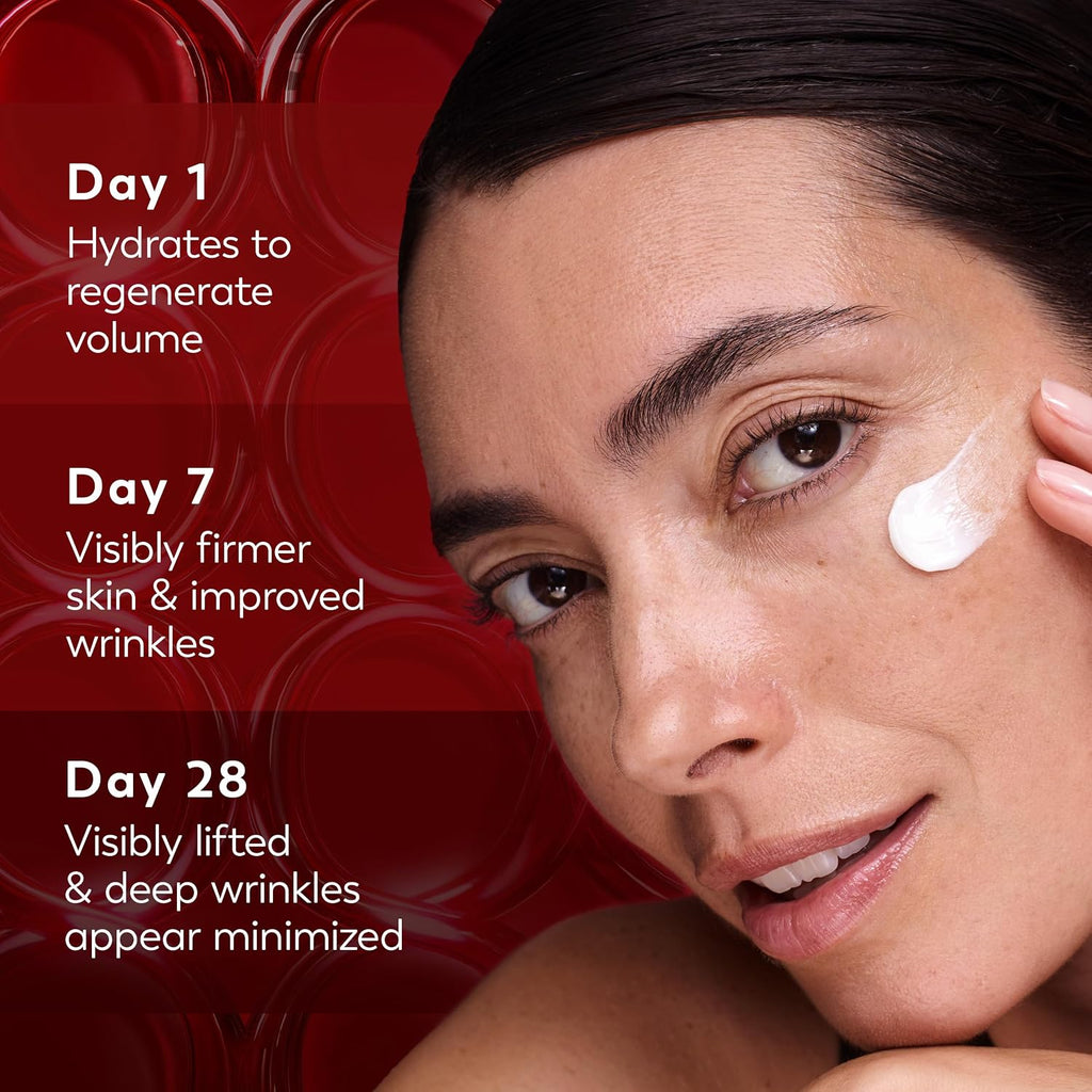 Woman applying cream with text detailing skincare benefits on a red background