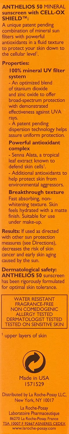 A tall, narrow orange product information card with black text detailing the properties, benefits, and ingredients of Antsheld 50 Mineral Rich Antioxidant Serum by Plus+ Labs.