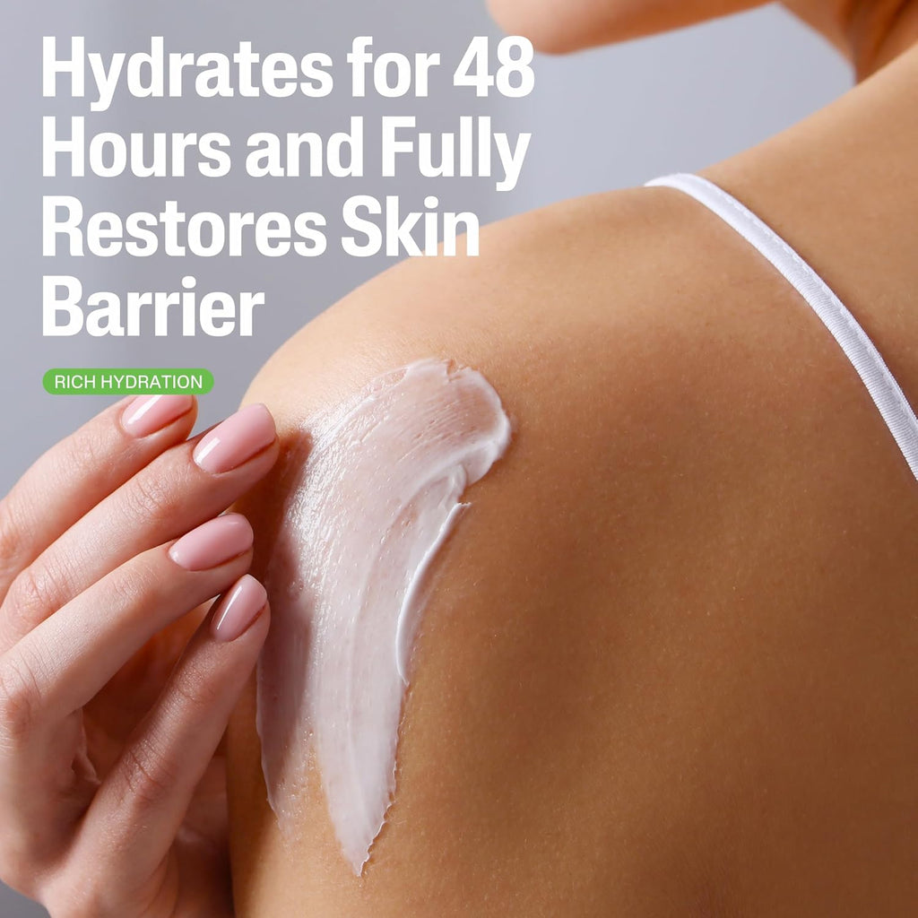 Person applying cream to shoulder with text about skin barrier restoration