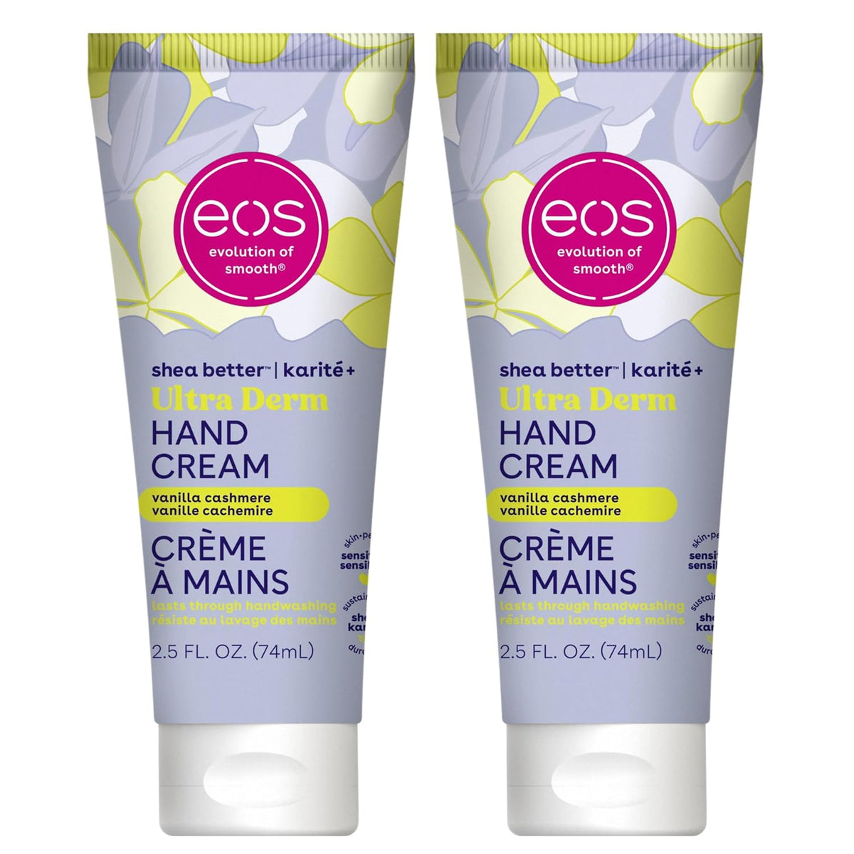 Two tubes of EOS Ultra Derm Hand Cream in vanilla cashmere scent, displayed side-by-side against a plain white background.