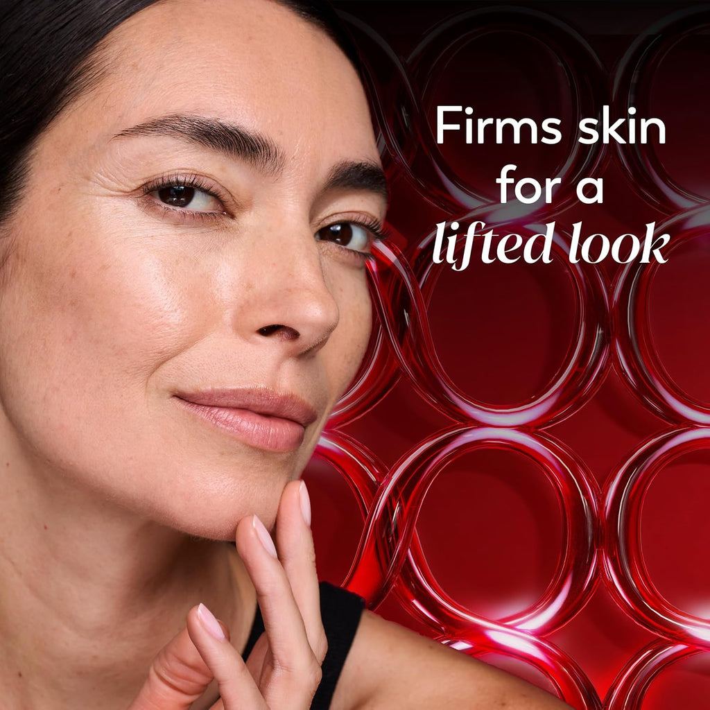 Woman with a lifted appearance against a red circular pattern background with text 'Firms skin for a lifted look'.