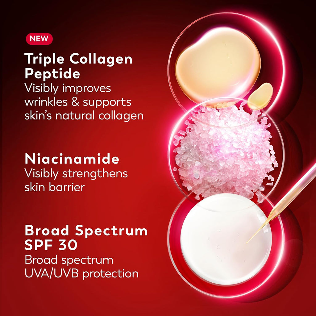 A red promotional graphic for a skincare product featuring three circular ingredient panels with glowing pink outlines: a beige cream-like bar, pink crystalline powder, and a white cream with a gold applicator. Text on the left reads 'NEW Triple Collagen Peptide,' 'Niacinamide Visibly strengthens skin barrier,' and 'Broad Spectrum SPF 30 Broad spectrum UVA/UVB protection.