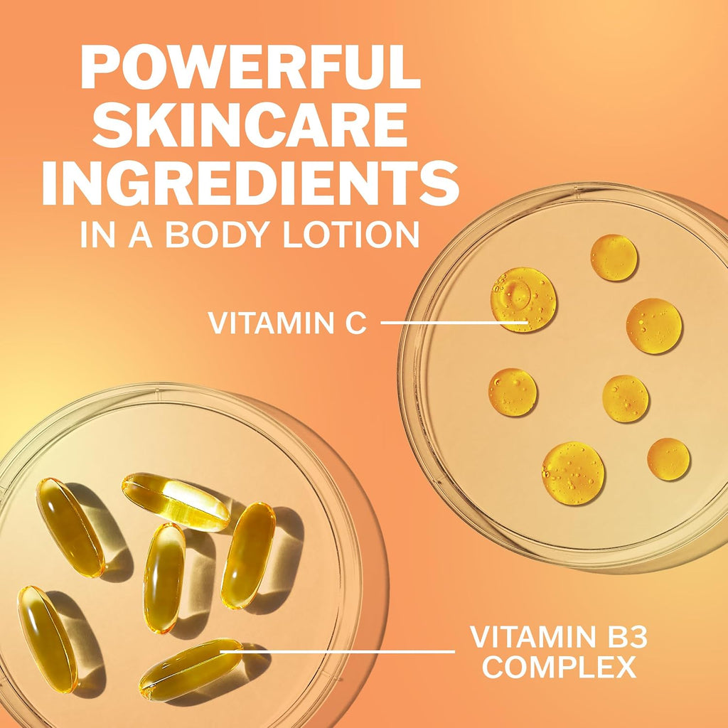Illustration of skincare ingredients with vitamin C and B3 complex on a gradient background