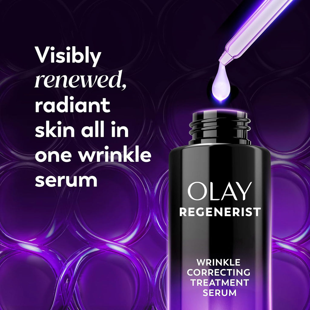 Olay Regenerist wrinkle correcting treatment serum with dropper on a purple background