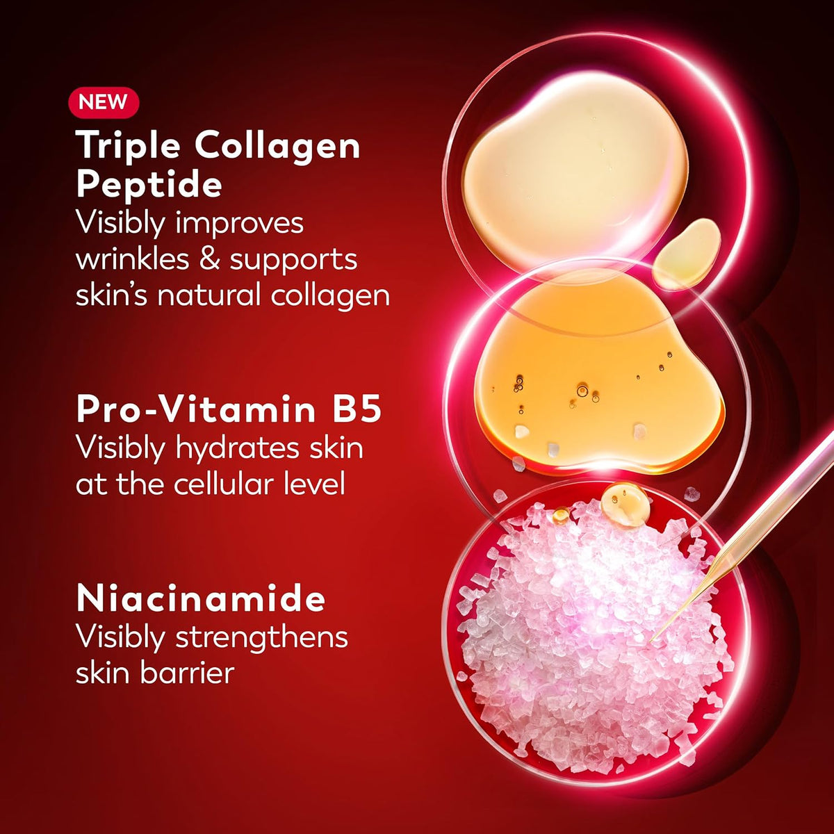 A promotional graphic for a skincare product on a dark red background. The left side lists three key ingredients and benefits: Triple Collagen Peptide, Pro-Vitamin B5, and Niacinamide.