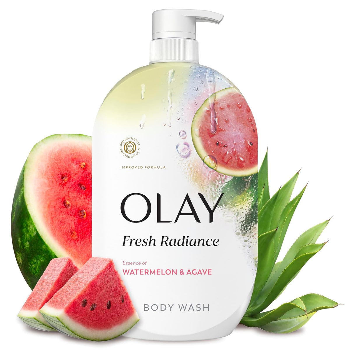 A bottle of Olay Fresh Radiance body wash with watermelon and agave graphics, styled with watermelon slices and green agave leaves on a white background.