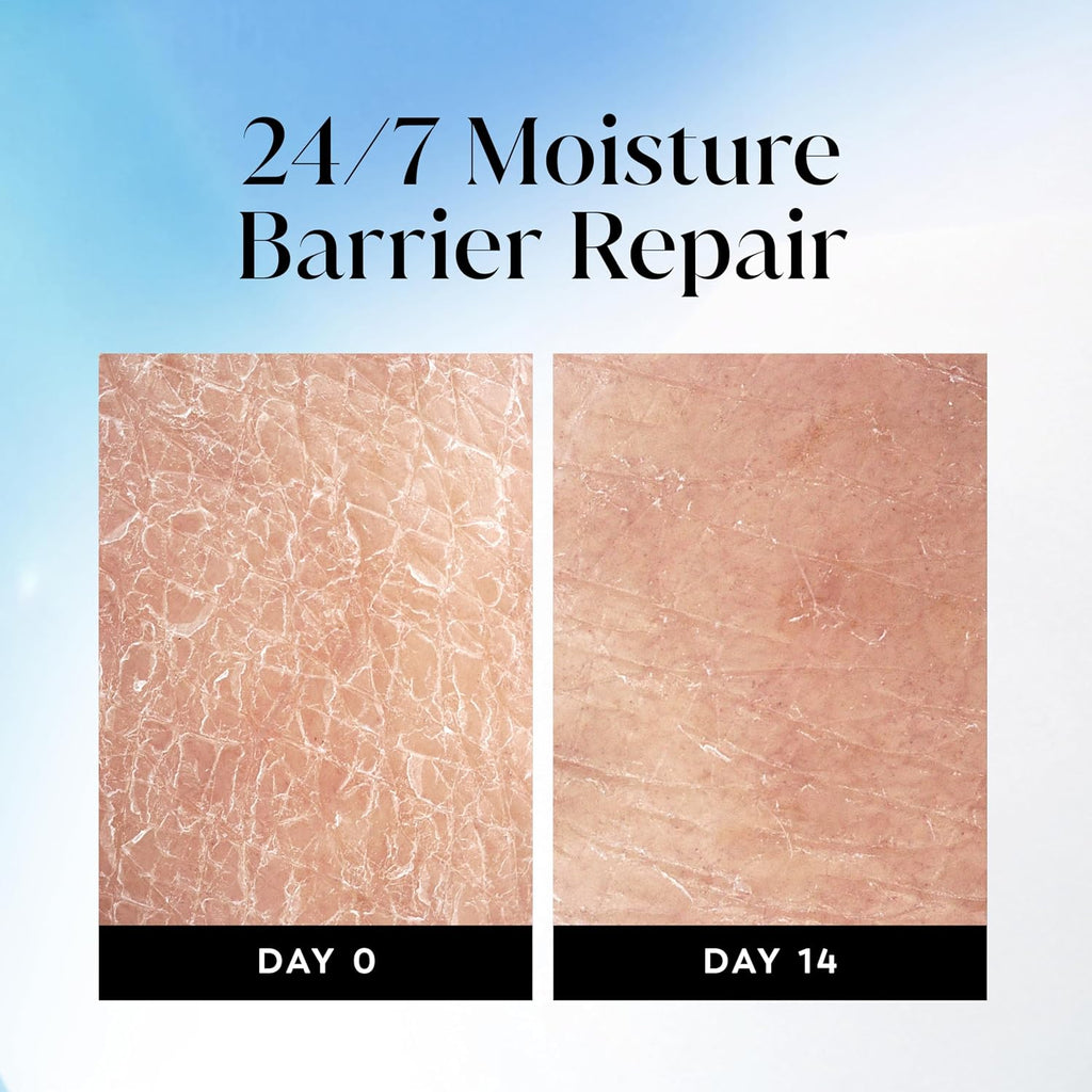 Before and after comparison of skin texture with '24/7 Moisture Barrier Repair' text.