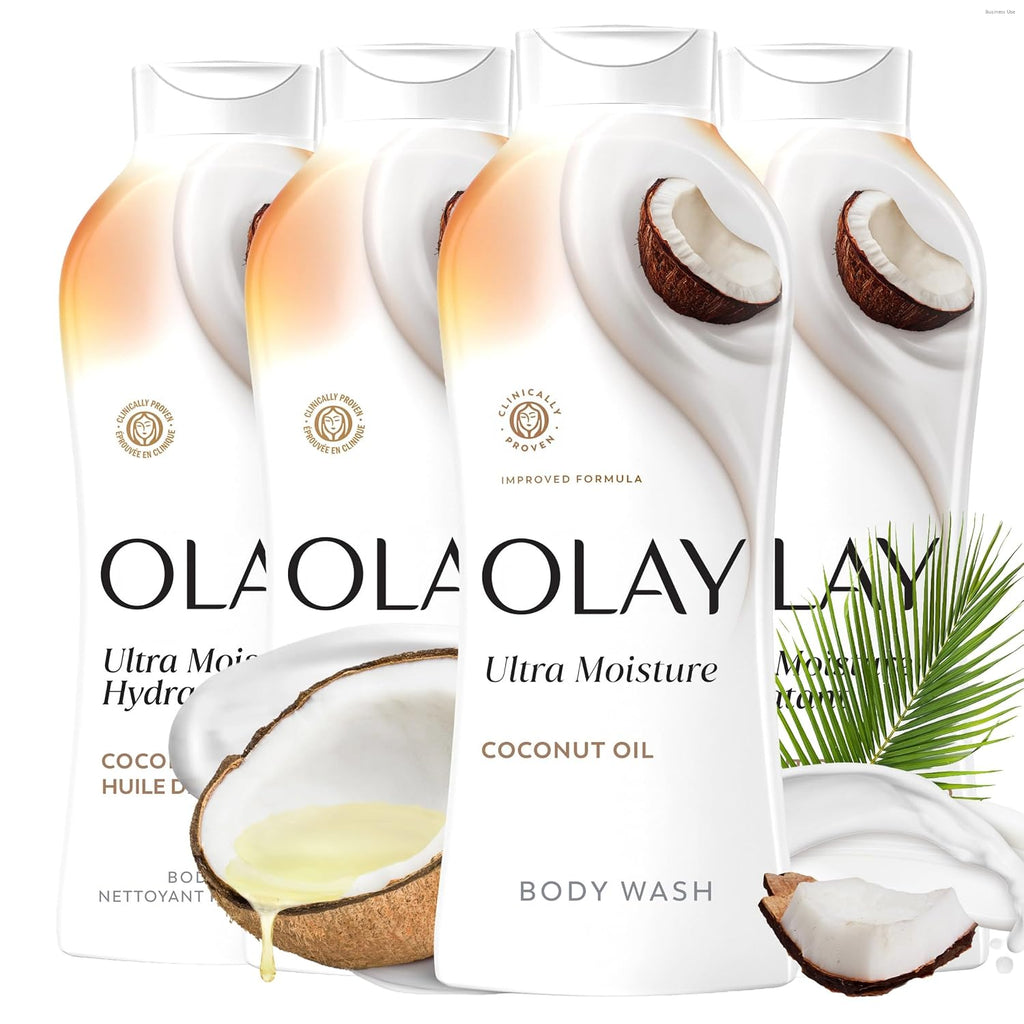Four bottles of Olay Ultra Moisture Body Wash with Coconut Oil arranged in a fan shape on a white background, decorated with illustrations of coconuts and a green palm leaf.