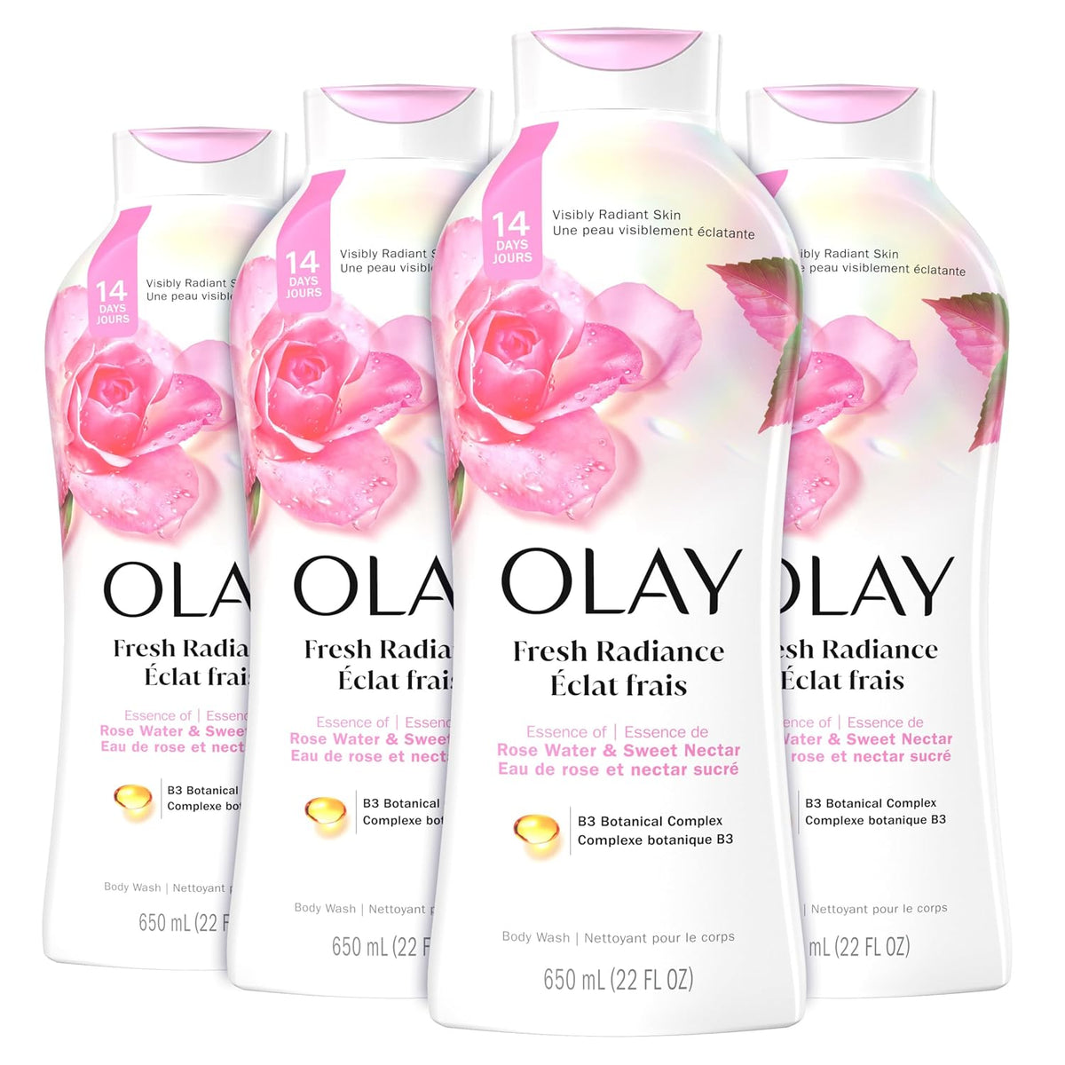 Four bottles of Olay Fresh Radiance Eclair Frais body wash arranged in a row on a white background, featuring pink rose graphics and text.