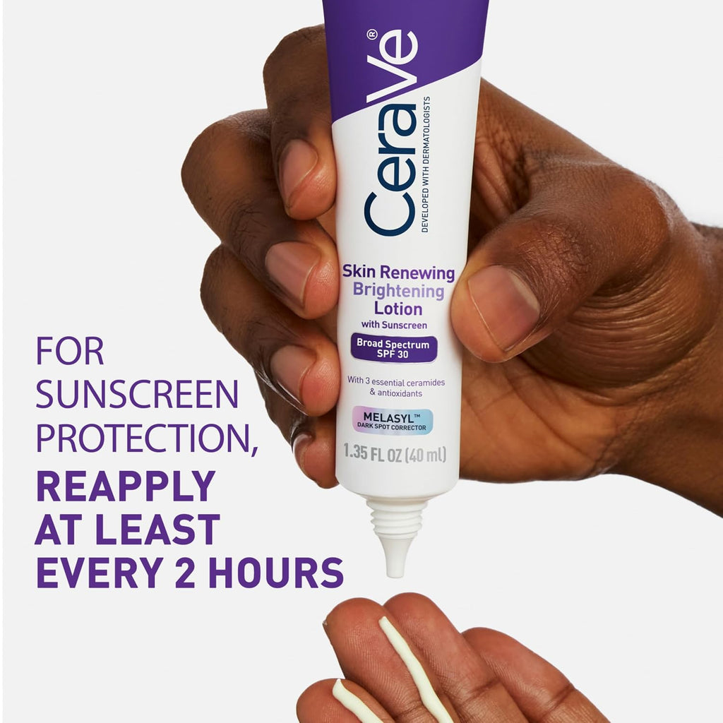 CeraVe lotion bottle held by a hand with text about sunscreen protection.