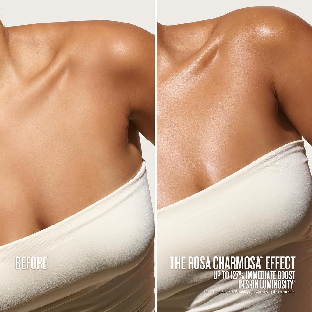 Before and after comparison of a woman's shoulder and arm with text about skin luminosity improvement.