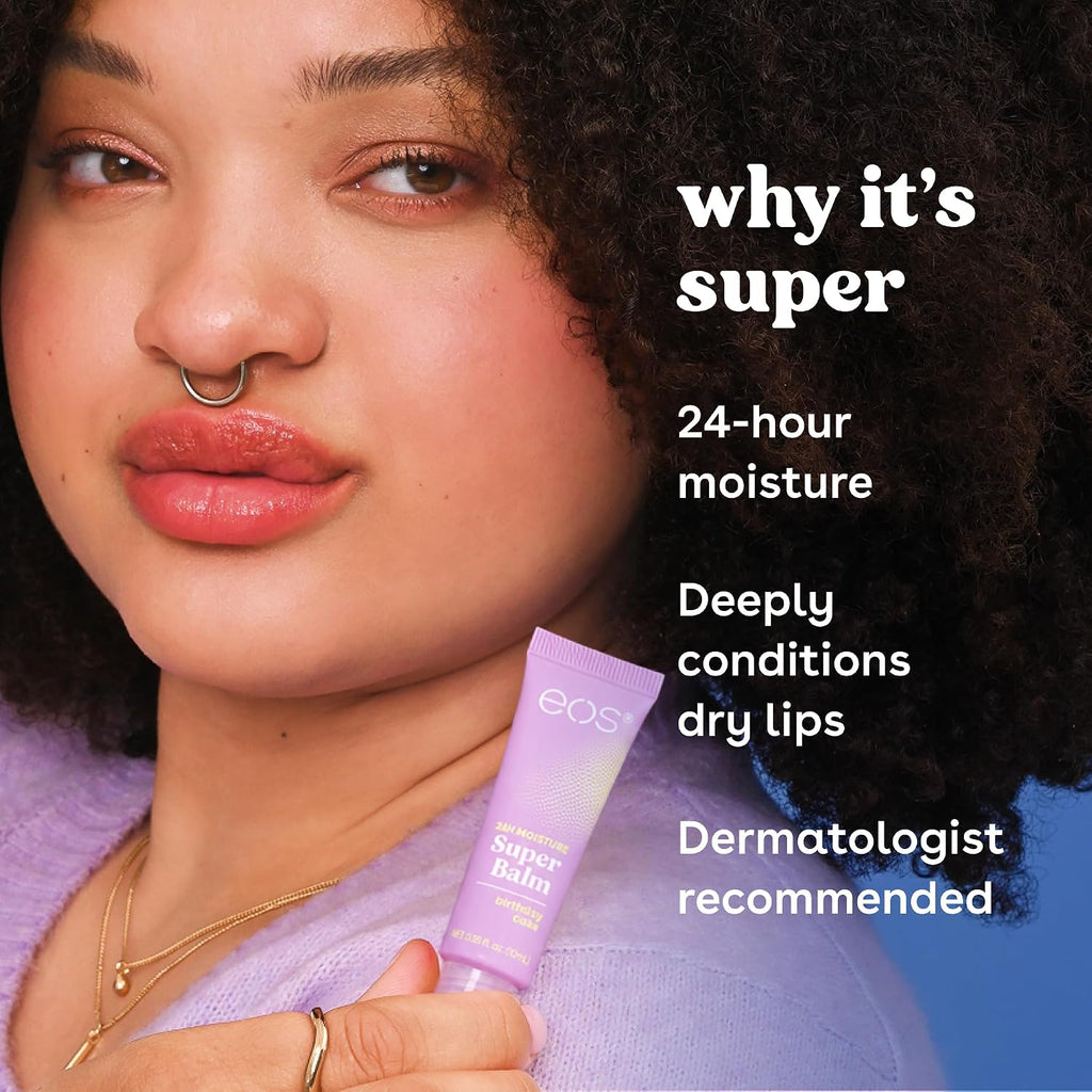 A close-up lifestyle shot of a woman holding a tube of EOS Lip Balm. The image features promotional text on the right side reading 'why it's super' and listing benefits like '24-hour moisture' and 'Deeply conditions dry lips'.