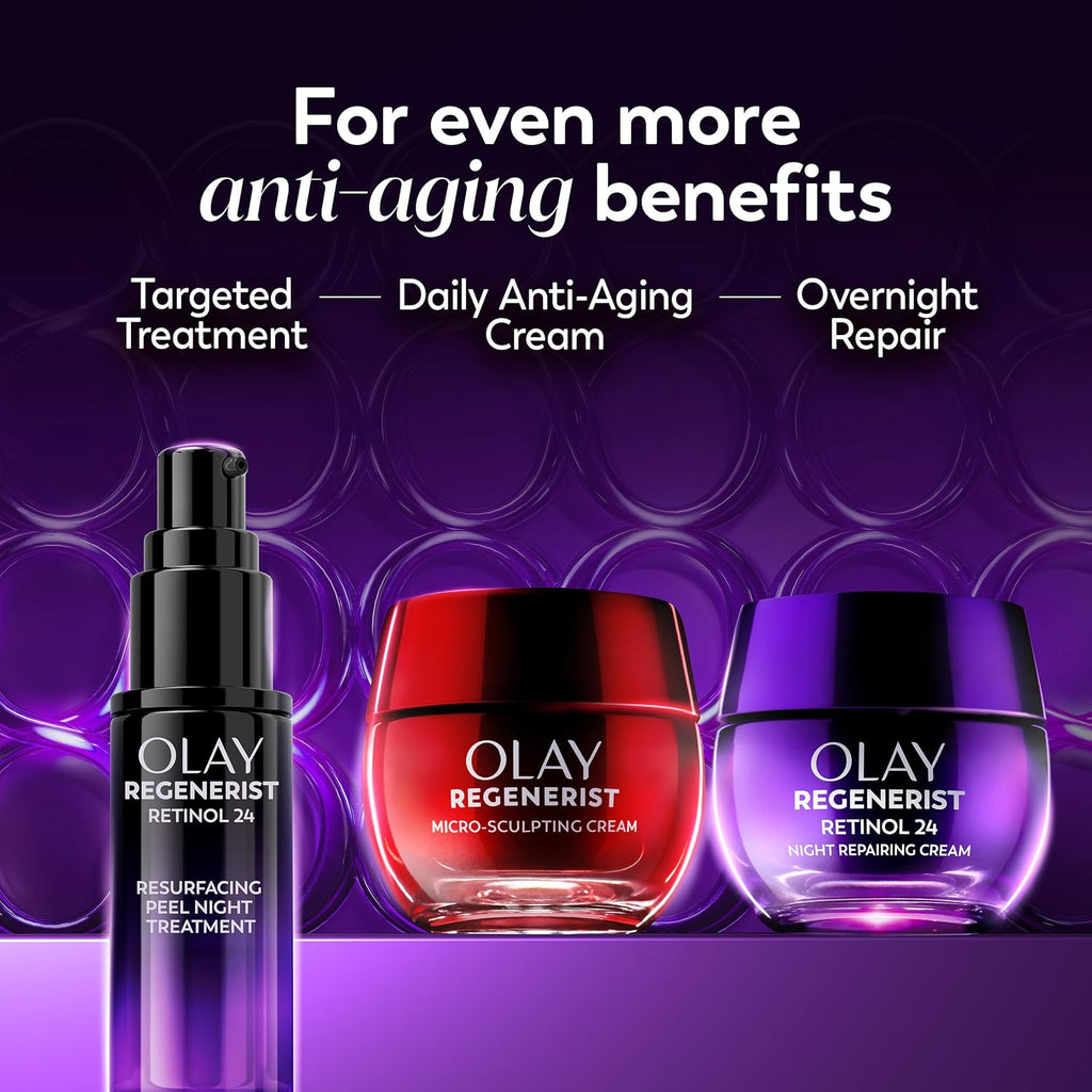 Olay Regenerist skincare products on a purple background with text about anti-aging benefits.