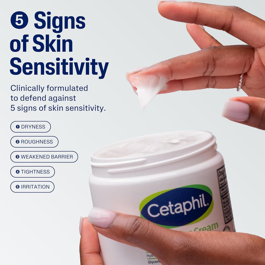 Cetaphil cream jar with a hand applying cream and text about skin sensitivity.