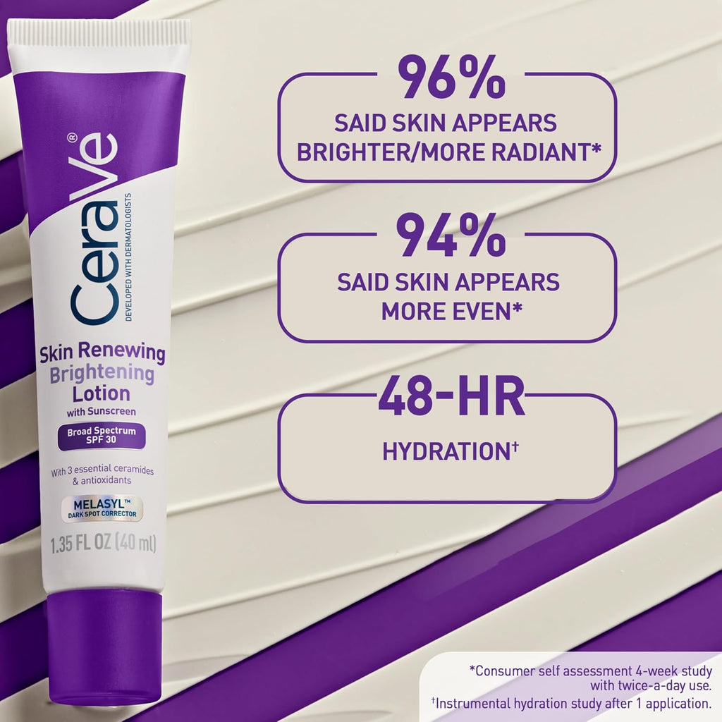 CeraVe Skin Renewing Brightening Lotion tube with product benefits on a white background