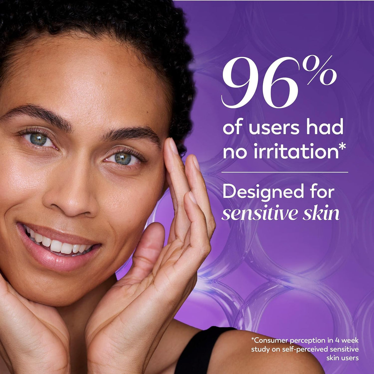 A close-up of a smiling woman with her hand near her face, set against a purple graphic background with text reading '96% of users had no irritation' and 'Designed for sensitive skin'.