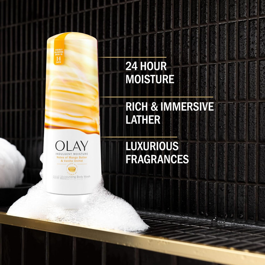Olay沐浴露瓶子在泡沫中，背景是黑色的瓷砖墙，带有产品特点文字。