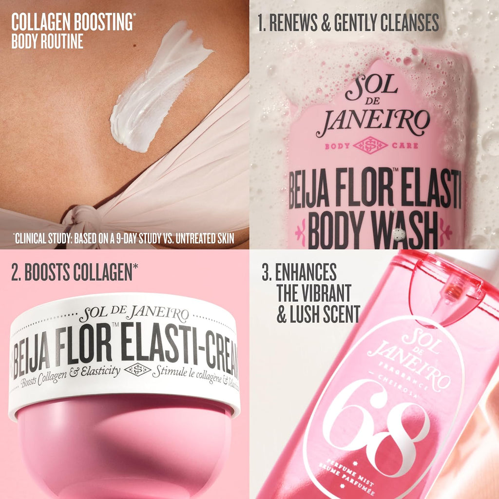 A pink refill pouch of Sol de Janeiro Beija Flor Elasti Body Wash with a white cap, shown on a clean white background.
