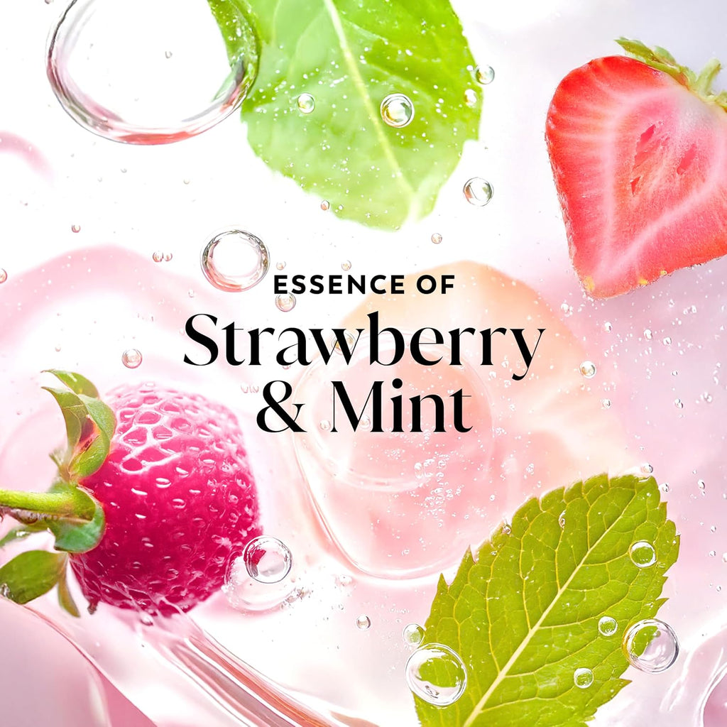 Strawberries and mint leaves with water droplets and the text 'Essence of Strawberry & Mint'.