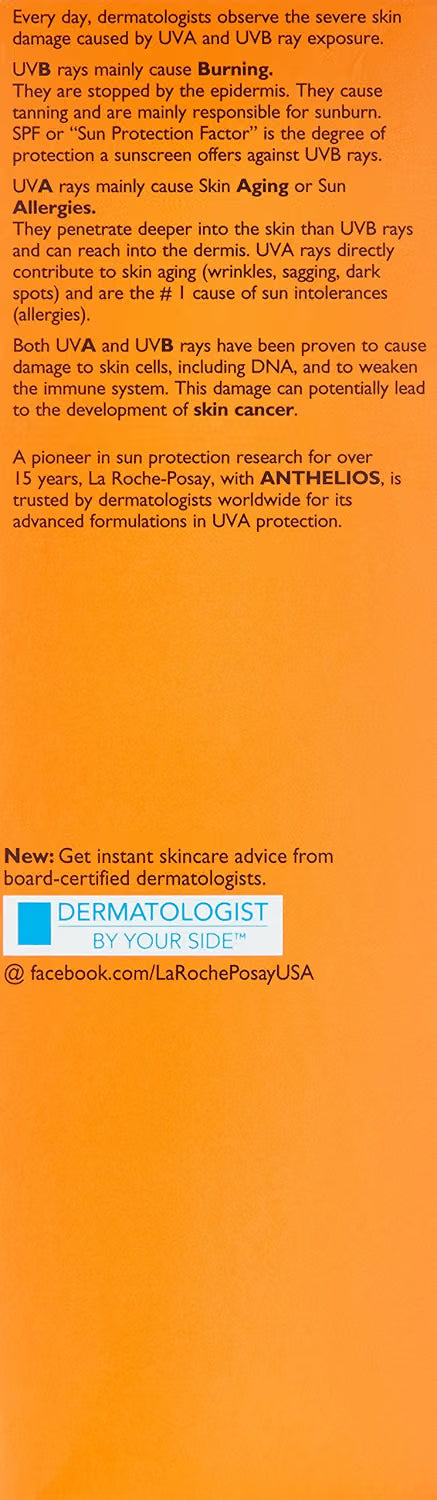 An informational orange poster with black text explaining the differences and risks between UVB and UVA sun rays, including skin aging, sunburning, and skin cancer. Features a blue 'DERMATOLOGIST BY SOURCE' logo at the bottom.