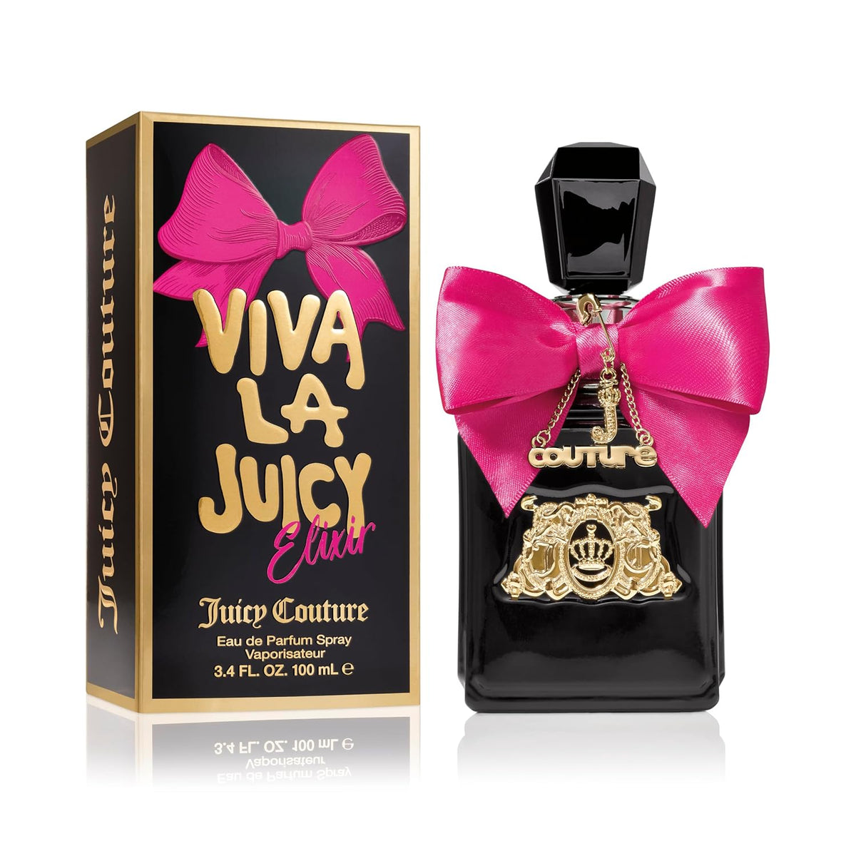 Juicy Couture Viva La Juicy Elixir perfume bottle with packaging on a white background