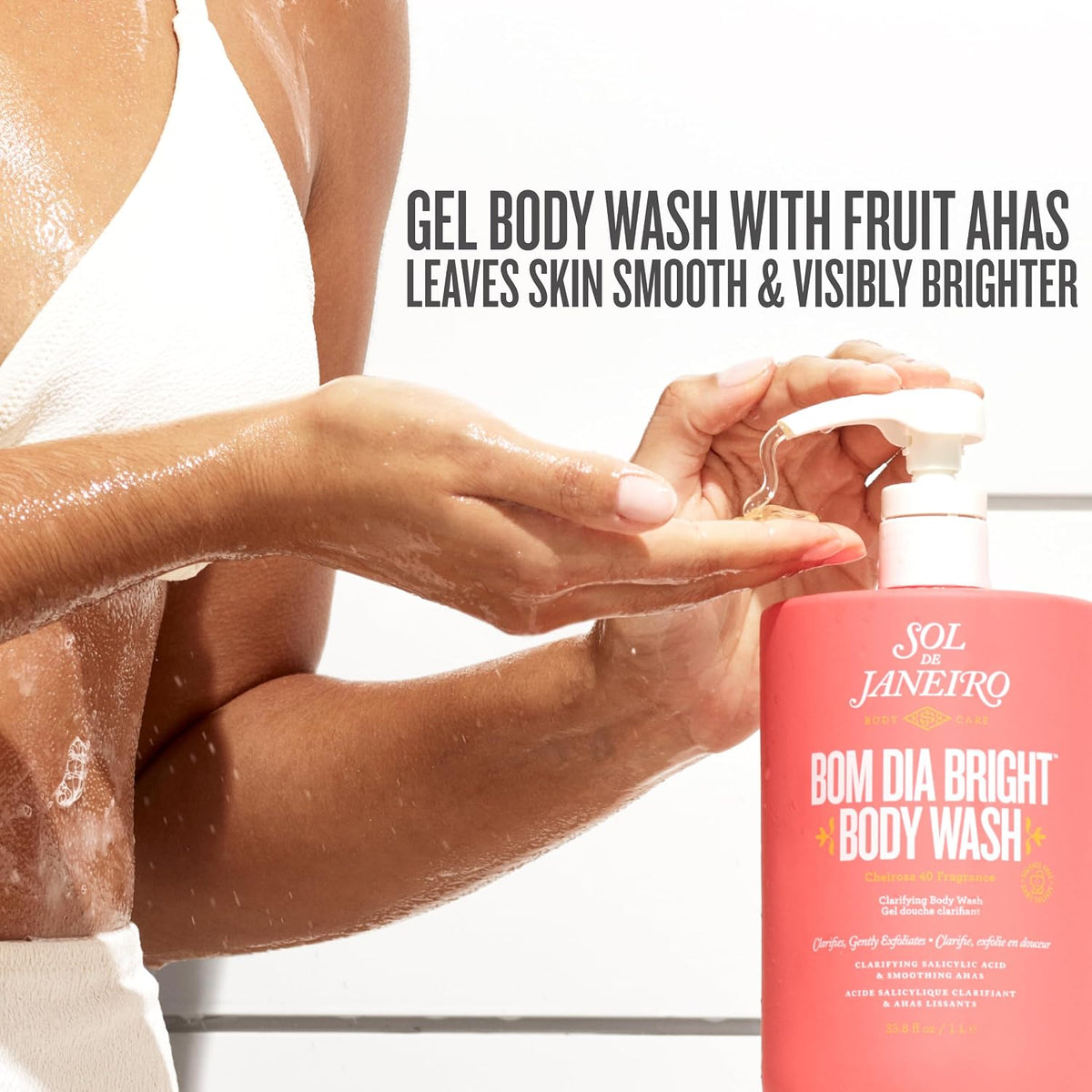 Sol de Janeiro Bom Dia Bright Body Wash bottles and packaging on a red background