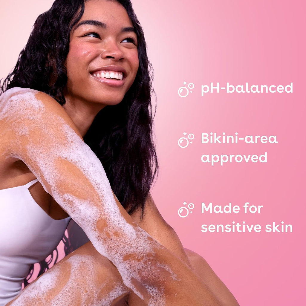 Woman with foamy product on her arm against a pink background with text about product features.